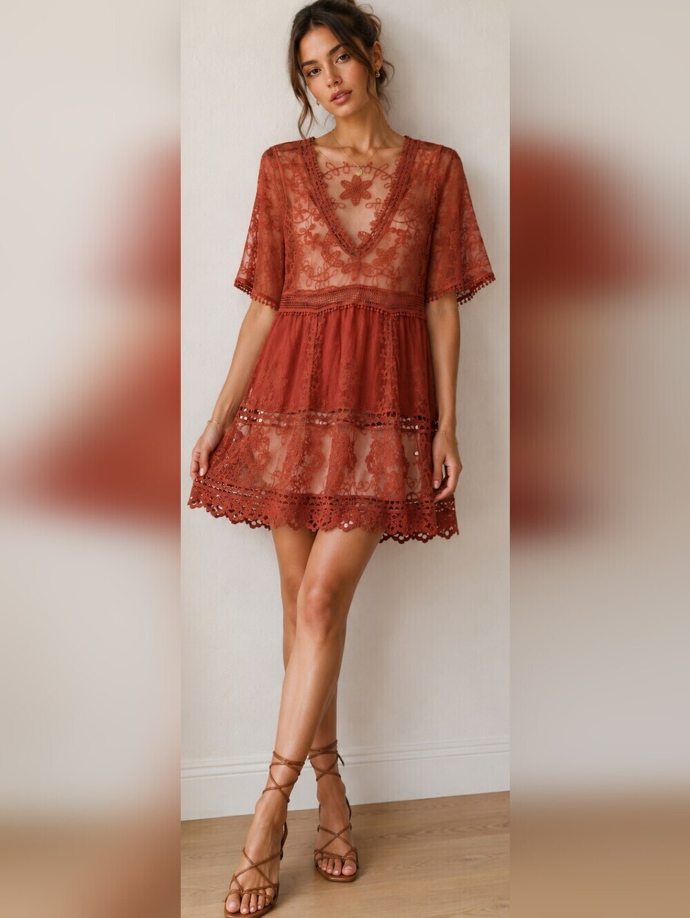 Orange Terra Cotta Rust Boho Peasant Embroidered Lace Cover-up Tunic One size